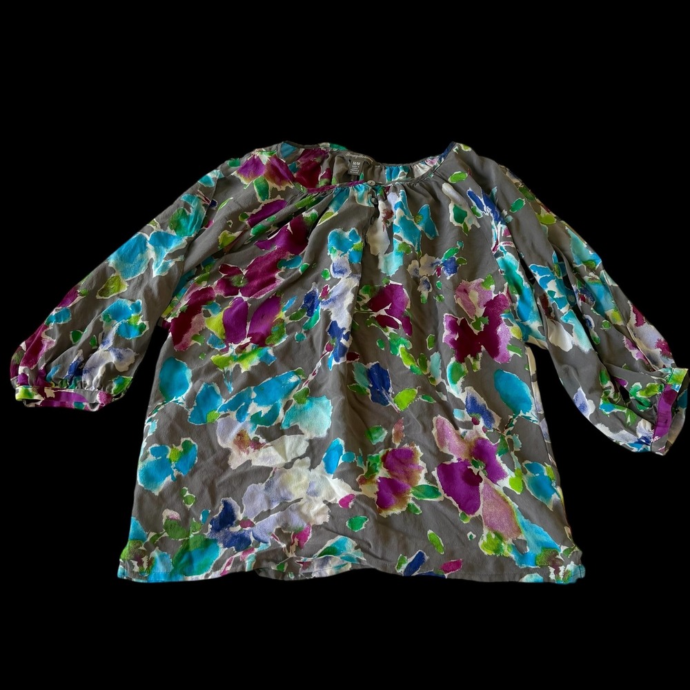 Tommy Bahama Womens 100% Silk Watercolor Floral Split Sleeve Top Stitch Flaw Med